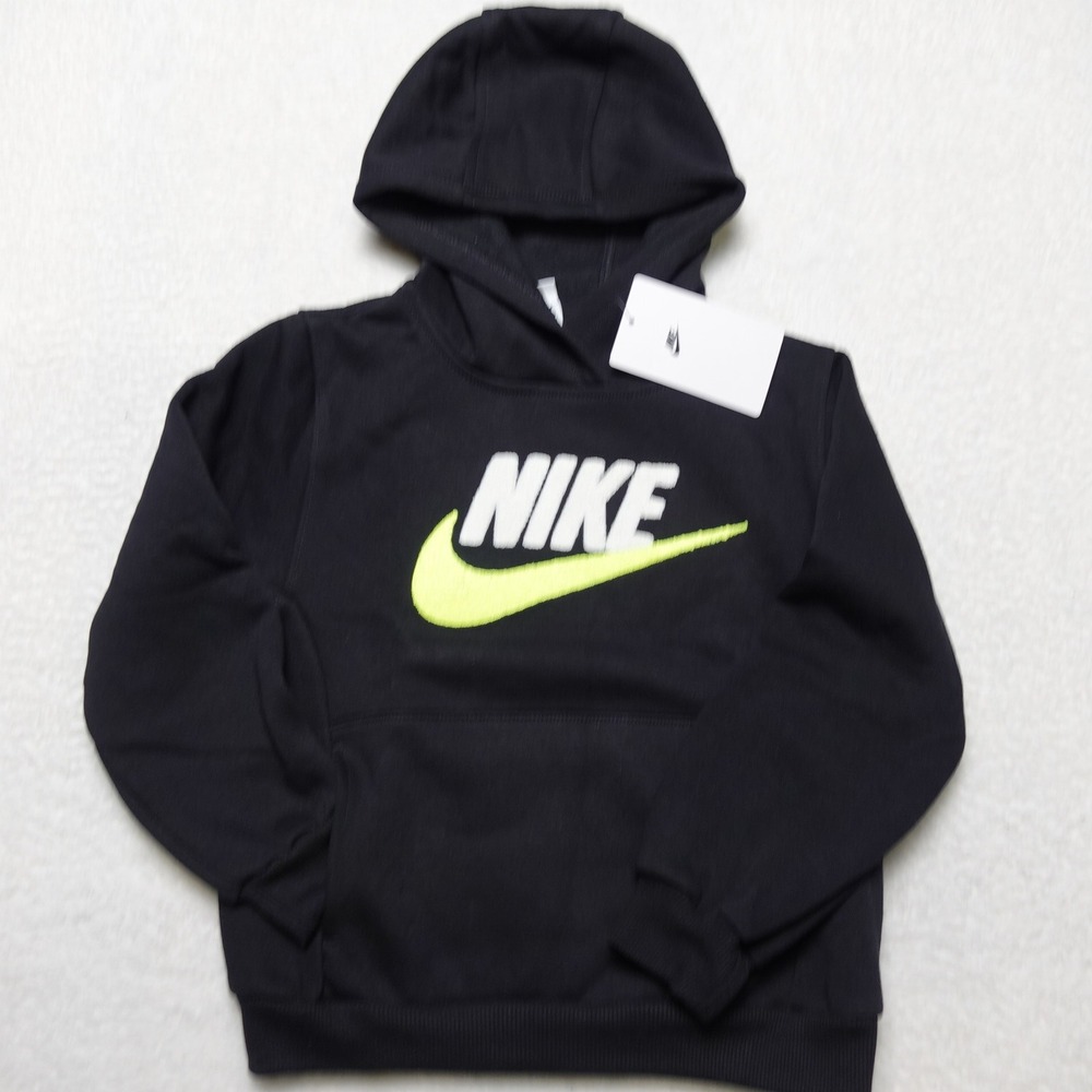 Nike Hoodie Kids Size 6 Black Chenille Logo Fleece Pullover 86N165-023